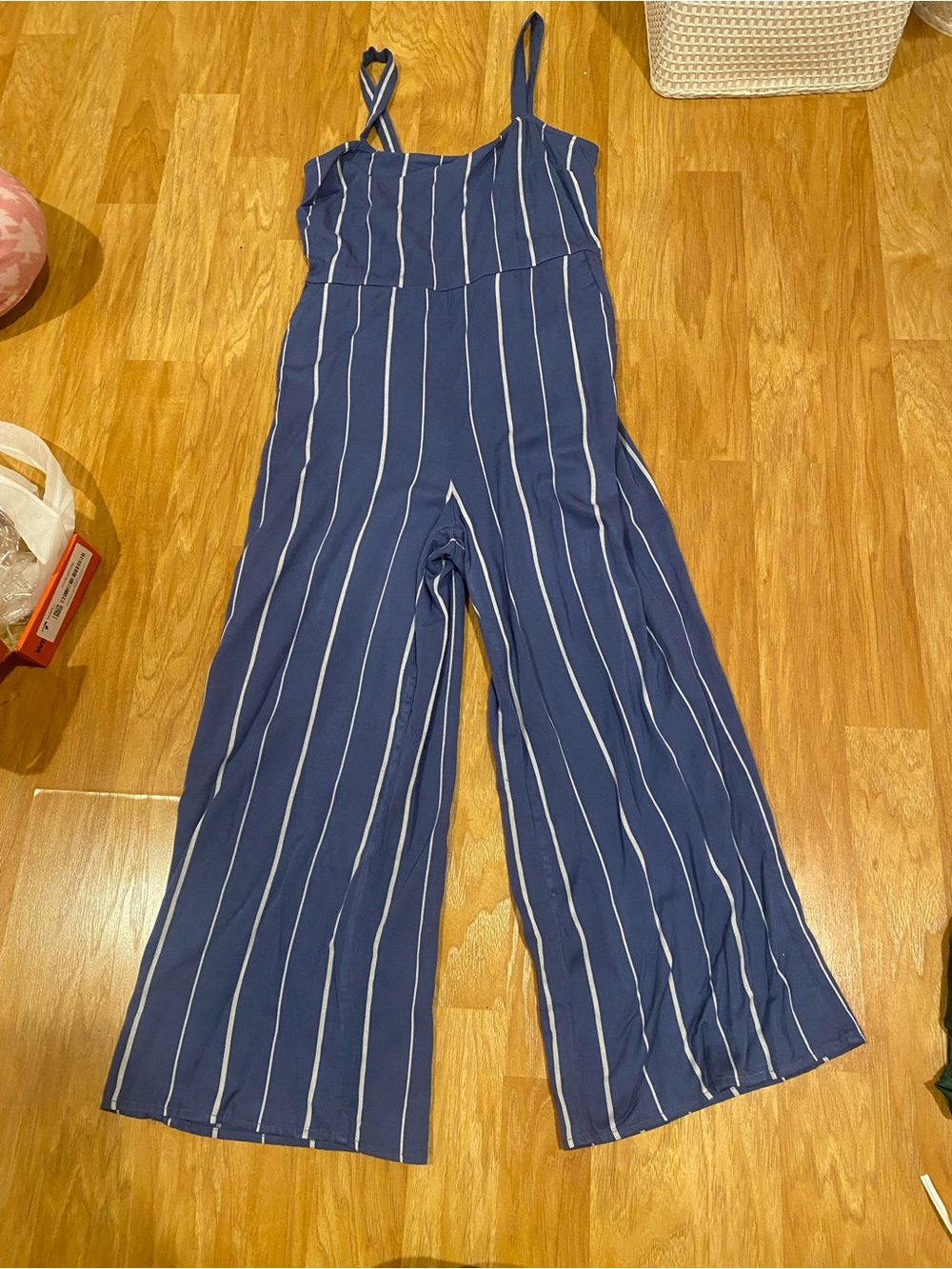 Striped Navy Wide-Leg Jumpsuit with Spaghetti Straps Gap Size 0